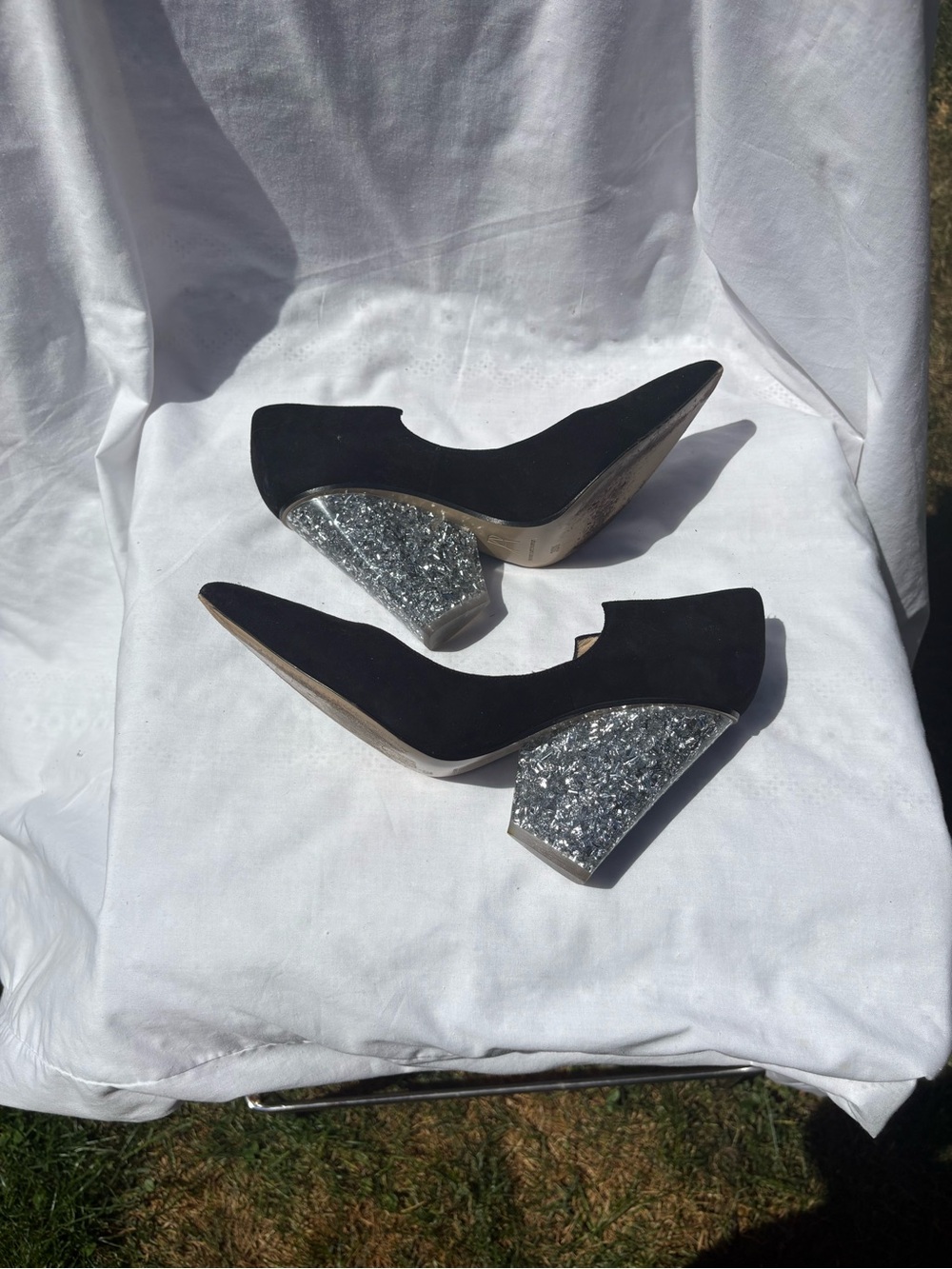 Paul Andrew / Edie Parker black Suede Pointed Toe Pumps Glitter Block Heel